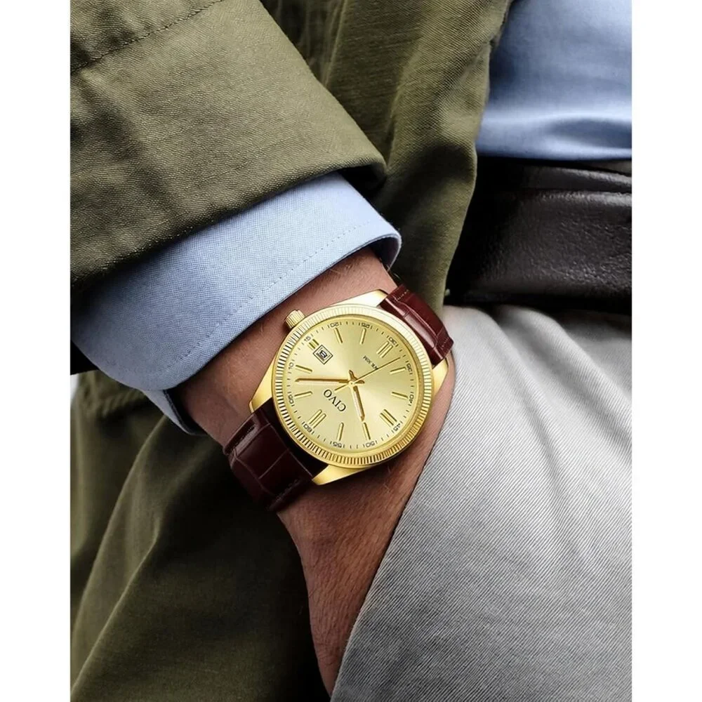 Men's Leather-Gold Stainless Steel Hook Buckle Analog Comfortable Stylish Watch